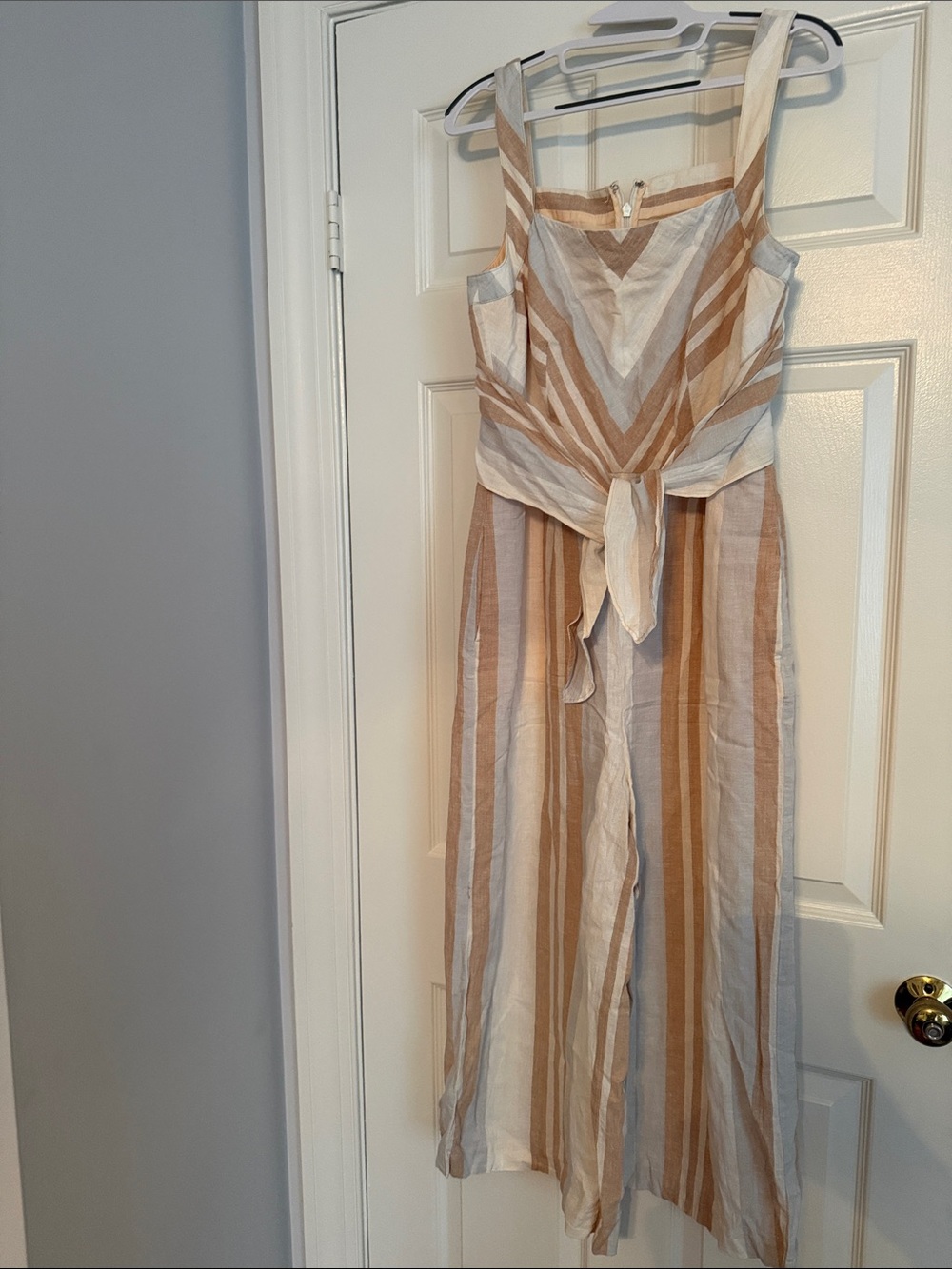 Anthropologie Striped Tie-Front Jumpsuit in Beige and White